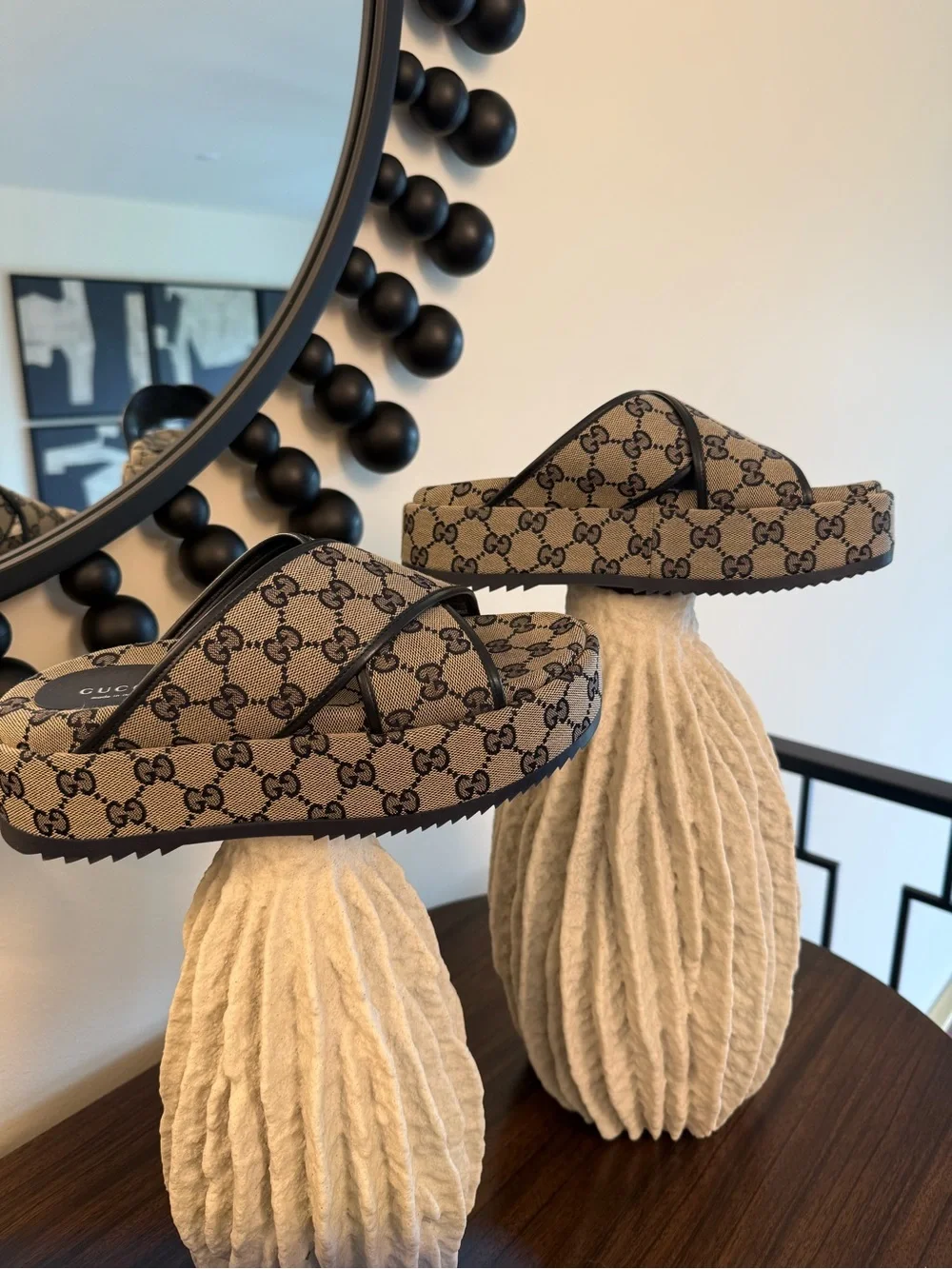 Gucci Beige GG Canvas Platform Slides with Black Trim - Picture 12 of 13